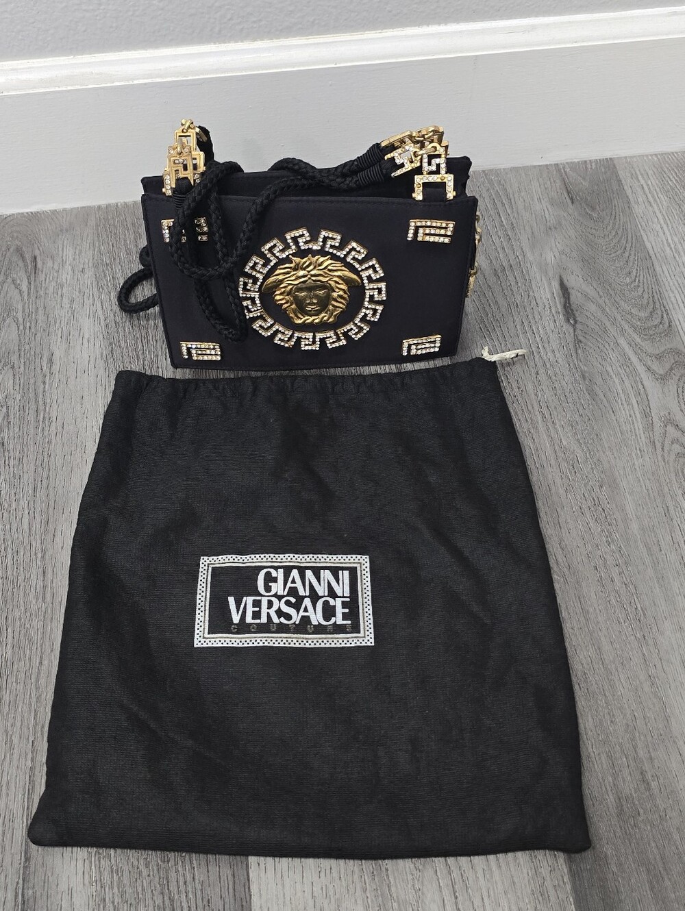 Rare Vintage 1992 Gianni Versace Couture Black Satin Rhinestone Medusa Bag - Picture 3 of 15